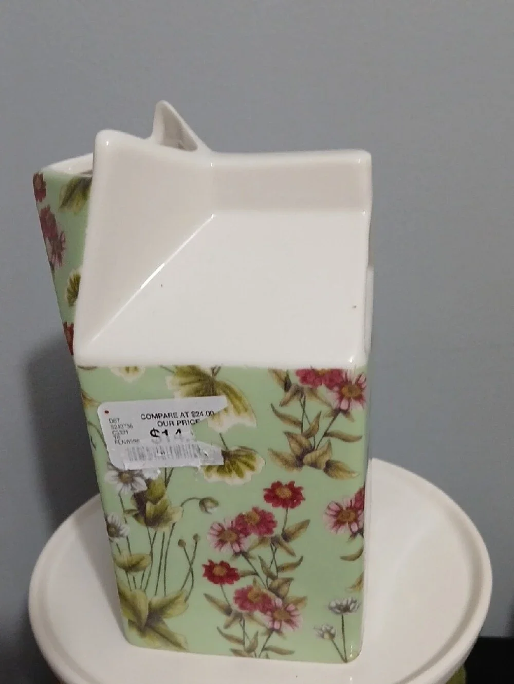 Green Floral Ceramic Milk Carton Vase - Decorative Home Accent NWT